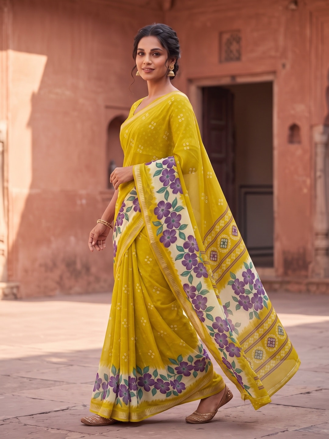 Peachmode Yellow Moss Georgette Saree With Burj Khalifa Zari Border And Floral Bandhani Print - Image 3