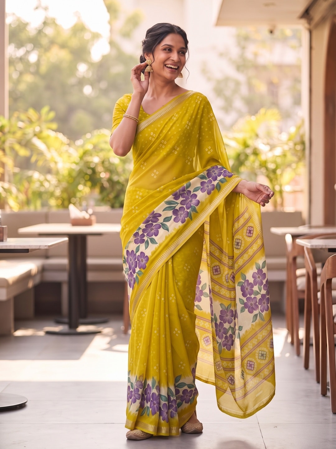 Peachmode Yellow Moss Georgette Saree With Burj Khalifa Zari Border And Floral Bandhani Print - Image 4