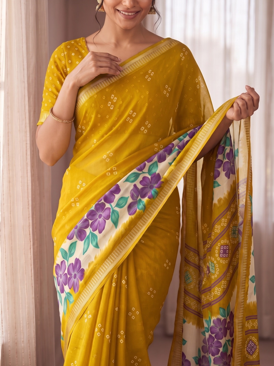 Peachmode Yellow Moss Georgette Saree With Burj Khalifa Zari Border And Floral Bandhani Print - Image 5