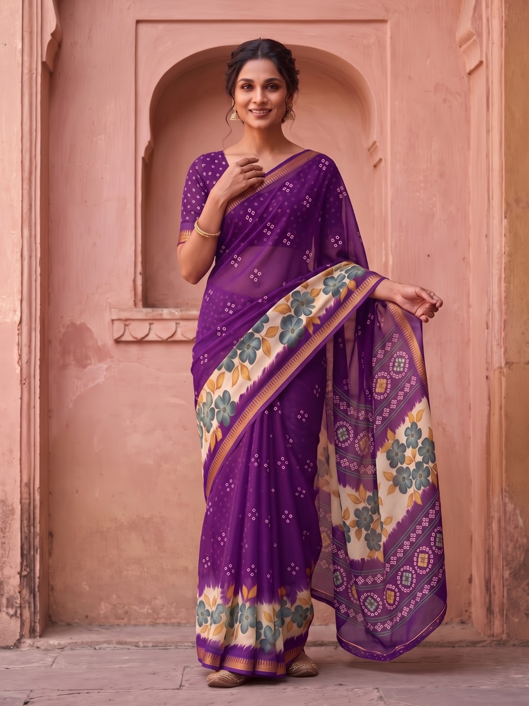 Peachmode Purple Moss Georgette Saree With Burj Khalifa Zari Border And Floral Bandhani Print - Image 1
