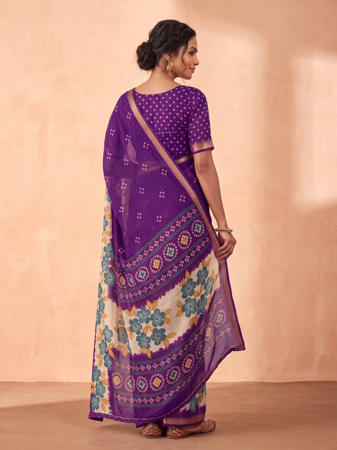 Peachmode Purple Moss Georgette Saree With Burj Khalifa Zari Border And Floral Bandhani Print - Image 2