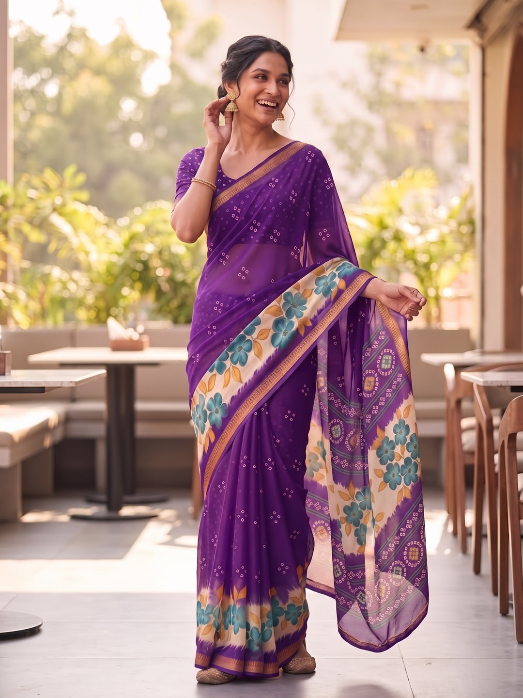 Peachmode Purple Moss Georgette Saree With Burj Khalifa Zari Border And Floral Bandhani Print - Image 4