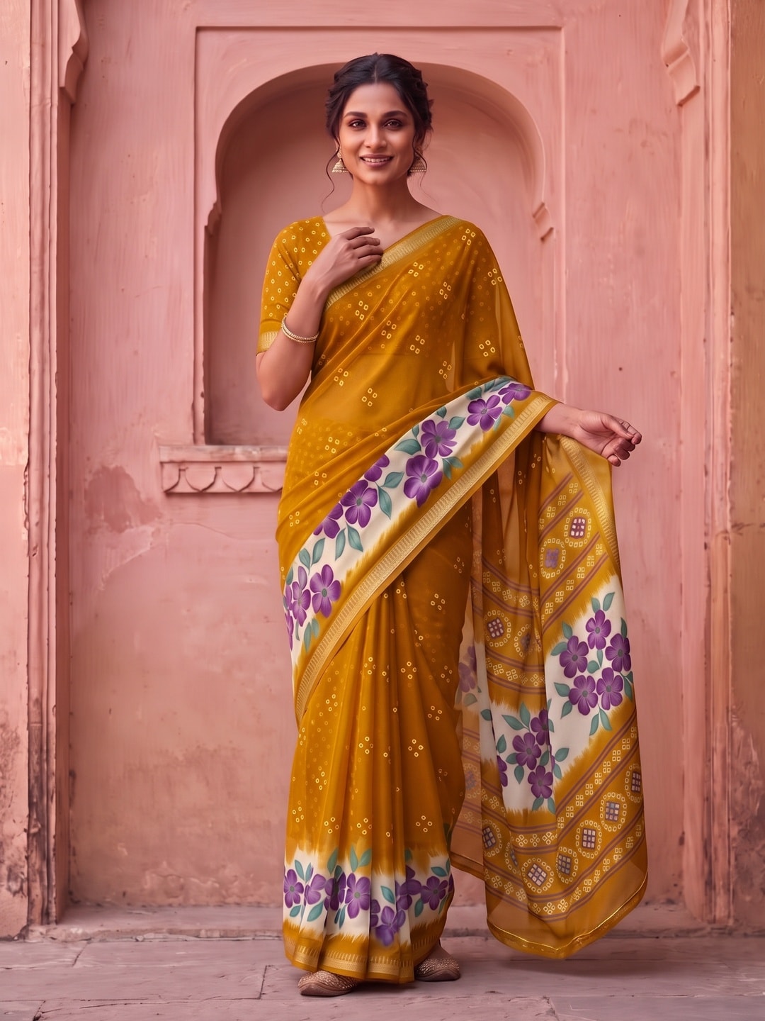Peachmode Mustard Moss Georgette Saree With Burj Khalifa Zari Border And Floral Bandhani Print - Image 1