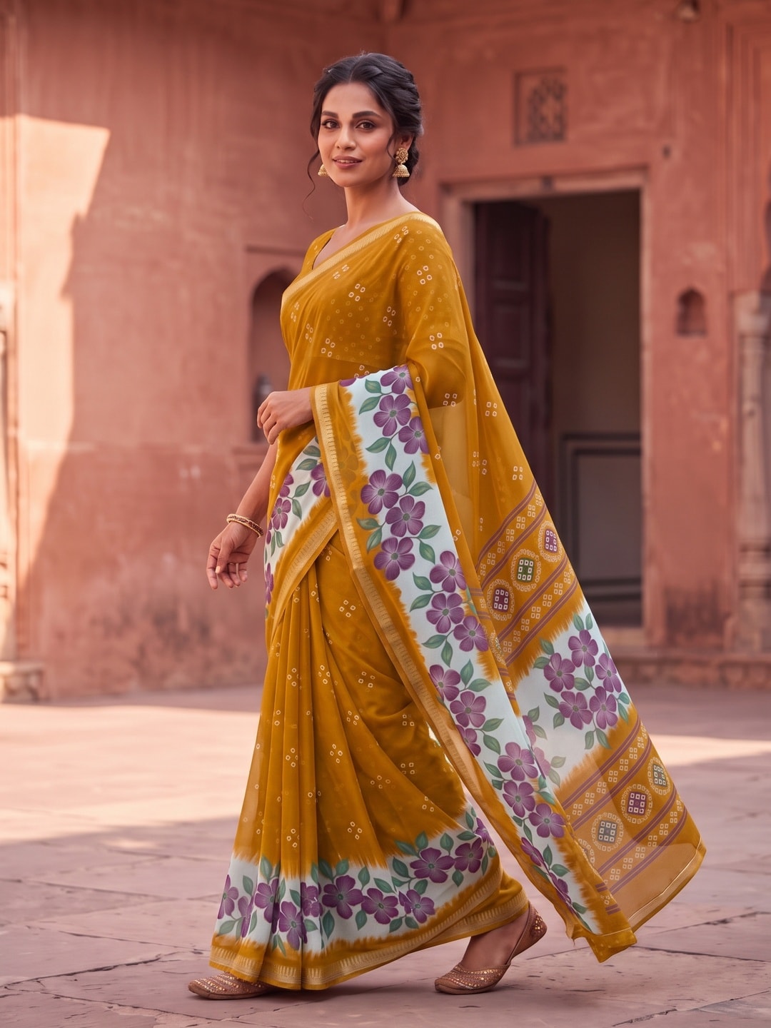 Peachmode Mustard Moss Georgette Saree With Burj Khalifa Zari Border And Floral Bandhani Print - Image 3