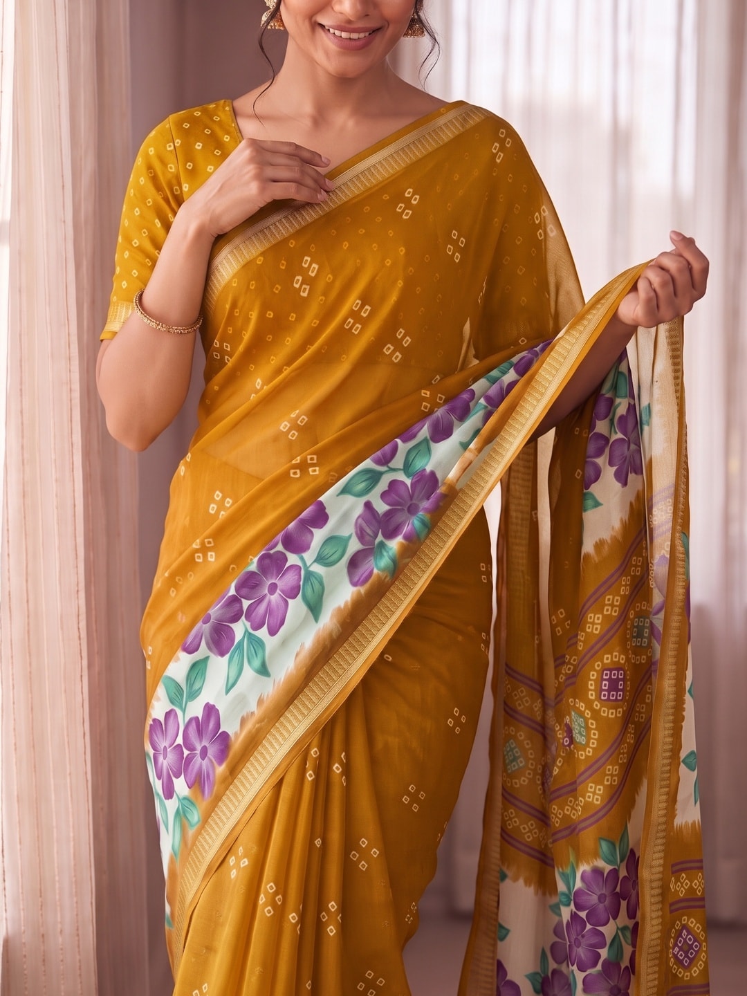 Peachmode Mustard Moss Georgette Saree With Burj Khalifa Zari Border And Floral Bandhani Print - Image 5