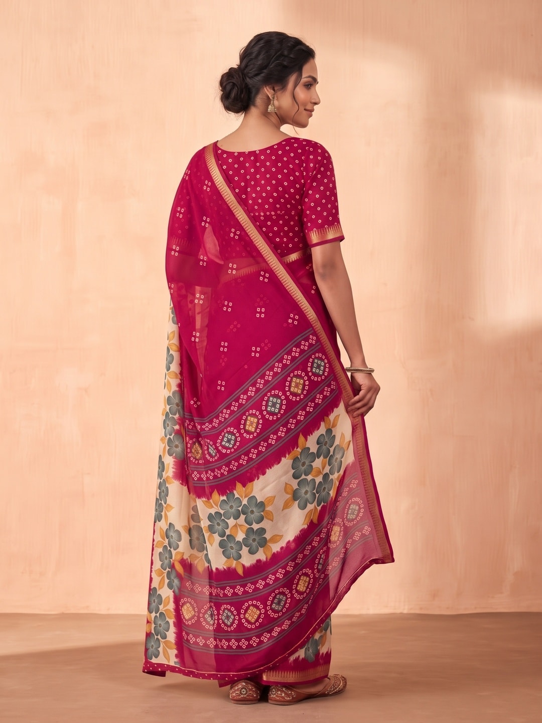 Peachmode Rani Moss Georgette Saree With Burj Khalifa Zari Border And Floral Bandhani Print - Image 2