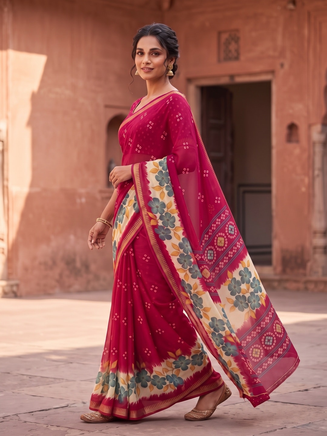 Peachmode Rani Moss Georgette Saree With Burj Khalifa Zari Border And Floral Bandhani Print - Image 3