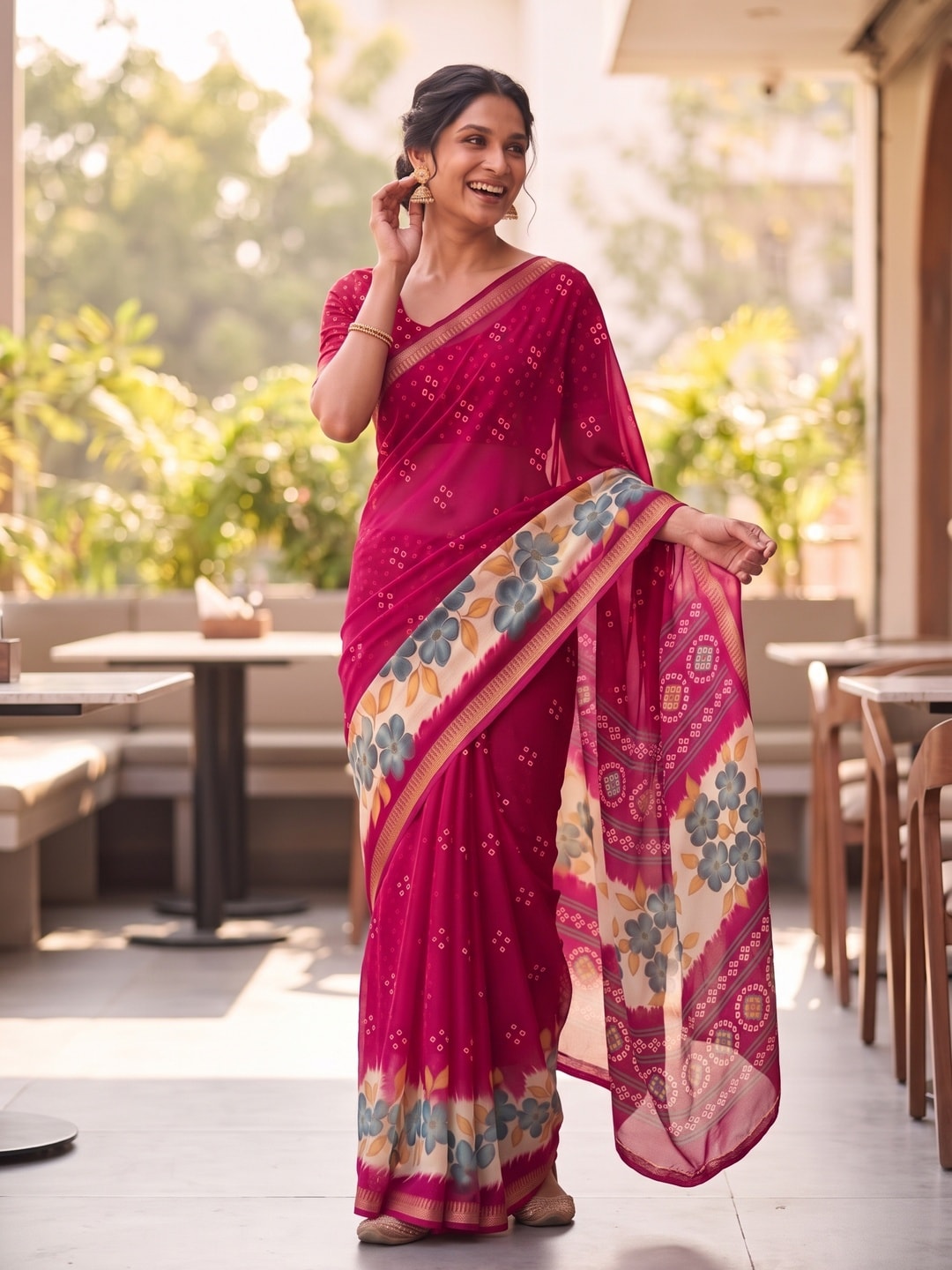 Peachmode Rani Moss Georgette Saree With Burj Khalifa Zari Border And Floral Bandhani Print - Image 4