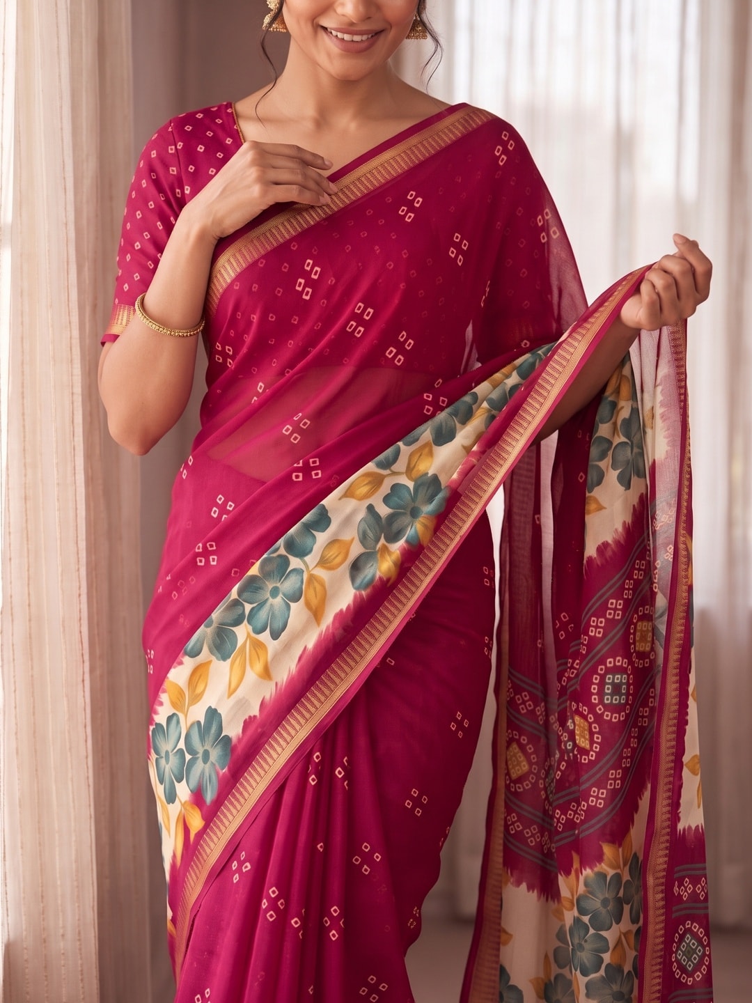 Peachmode Rani Moss Georgette Saree With Burj Khalifa Zari Border And Floral Bandhani Print - Image 5