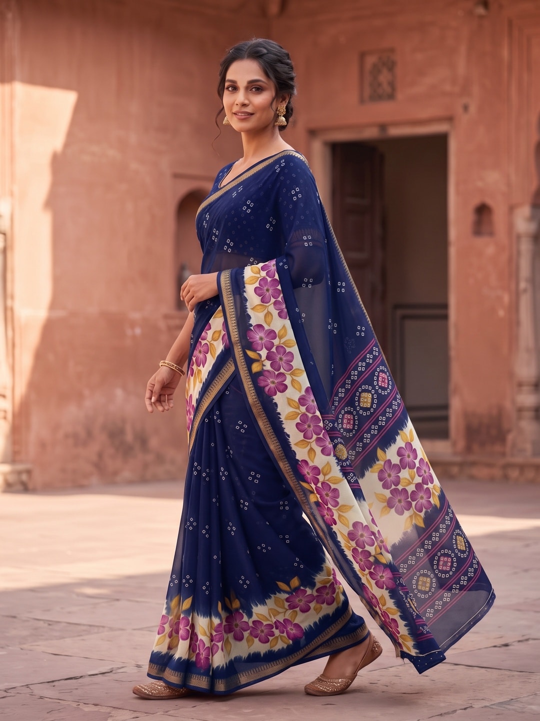 Peachmode Navy Blue Moss Georgette Saree With Burj Khalifa Zari Border And Floral Bandhani Print - Image 3