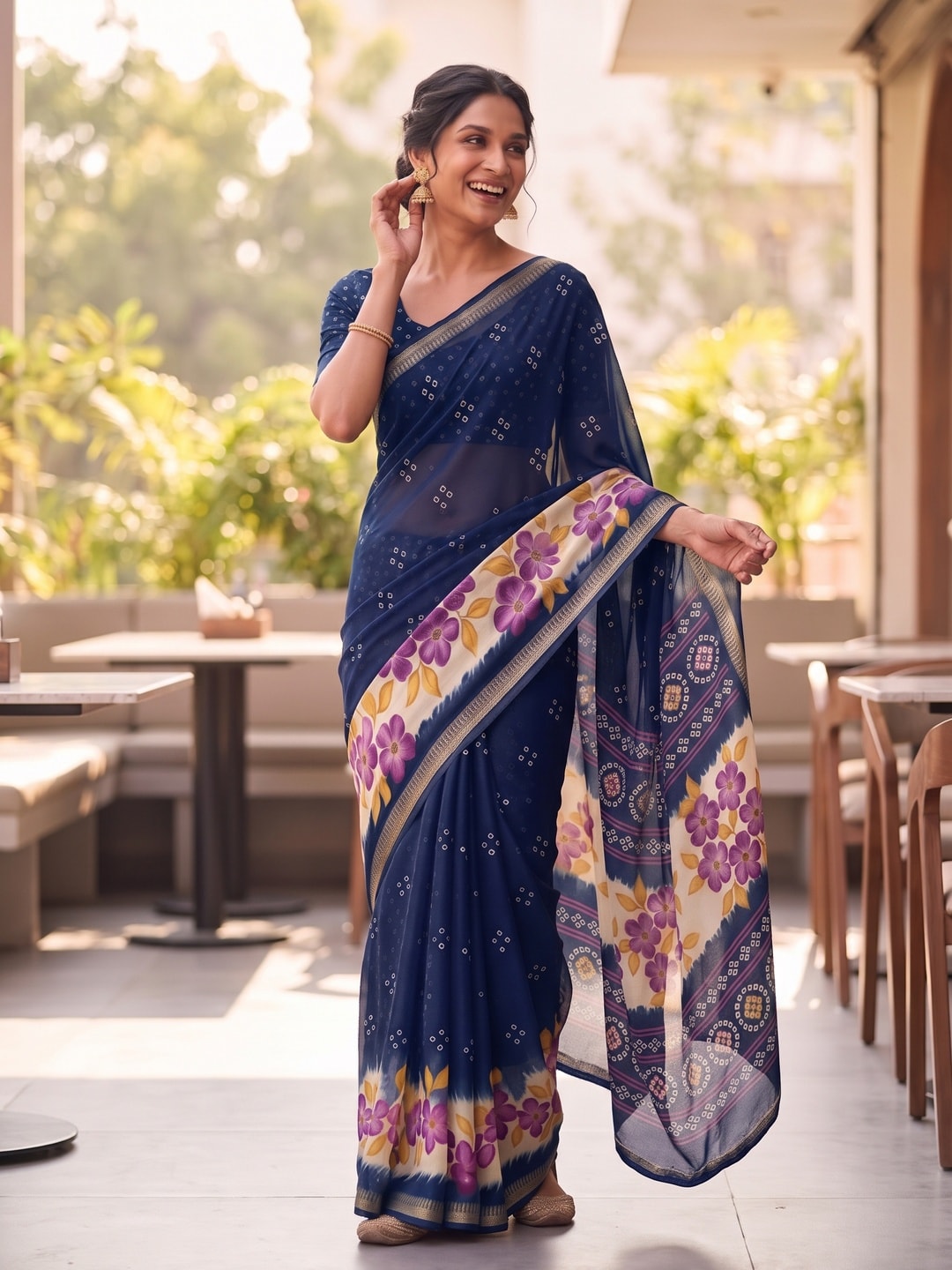 Peachmode Navy Blue Moss Georgette Saree With Burj Khalifa Zari Border And Floral Bandhani Print - Image 4