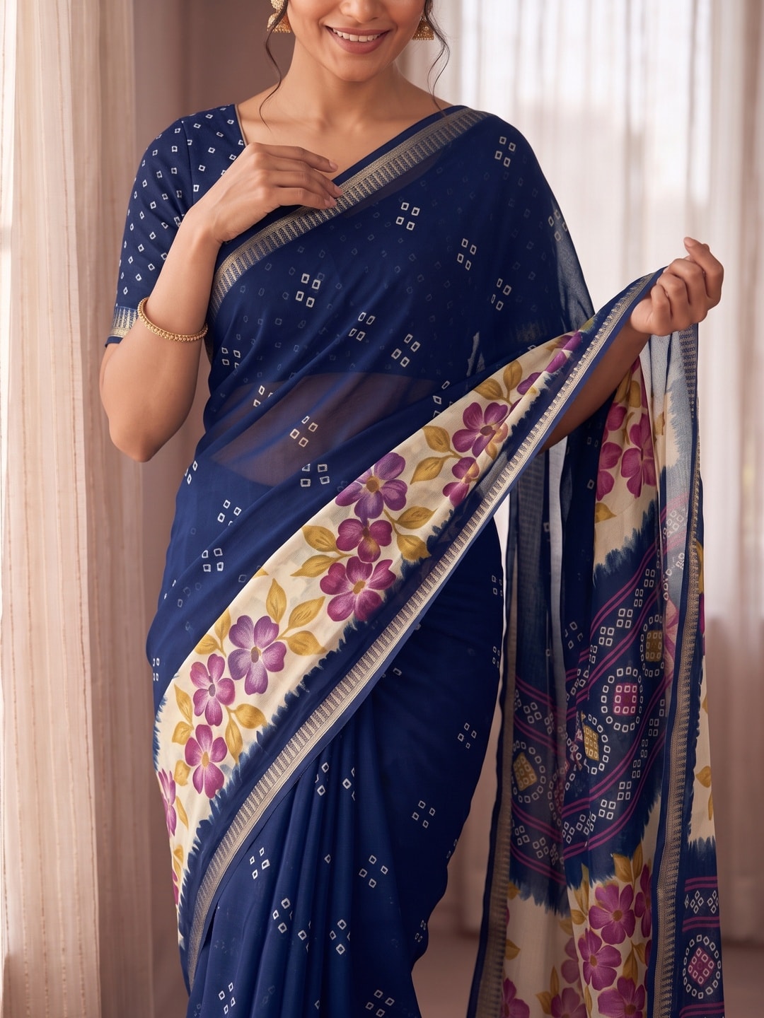 Peachmode Navy Blue Moss Georgette Saree With Burj Khalifa Zari Border And Floral Bandhani Print - Image 5