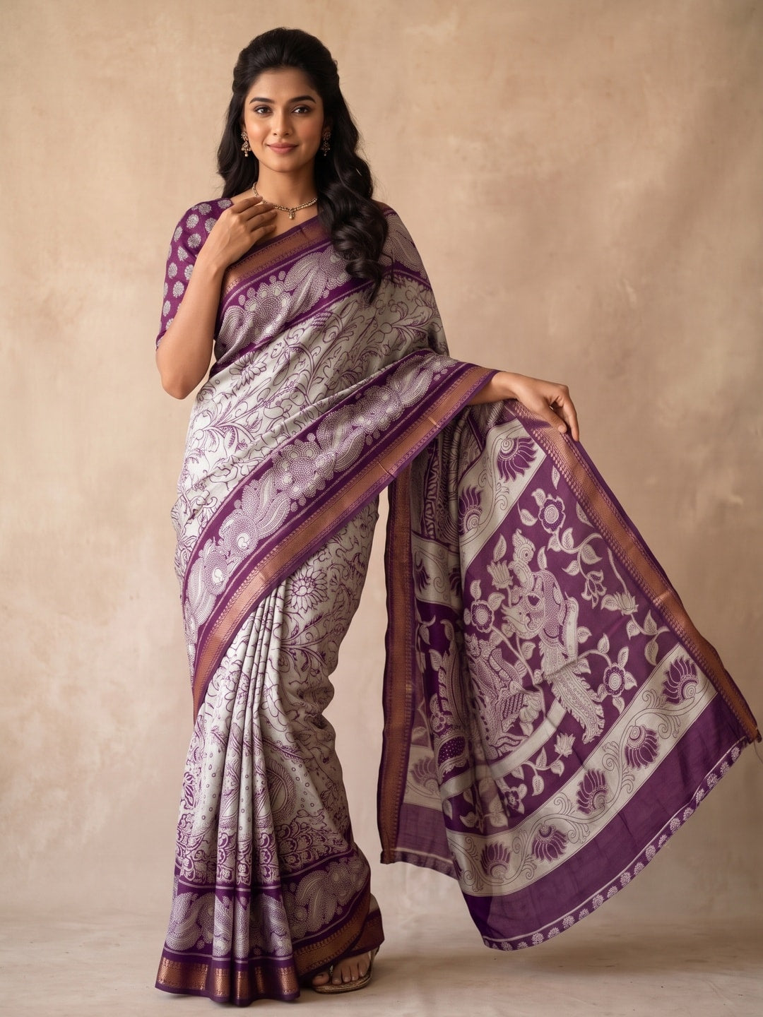 Peachmode Purple Maheshwari Silk Viscose Printed Saree With Zari Border And Kalamkari Pallu - Image 1