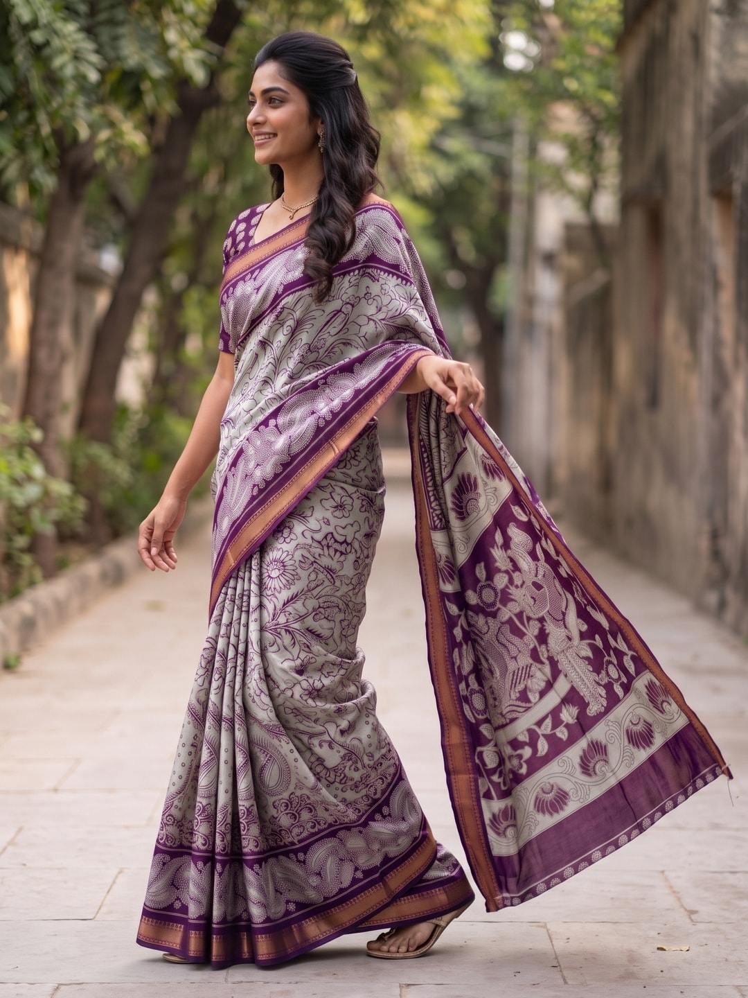 Peachmode Purple Maheshwari Silk Viscose Printed Saree With Zari Border And Kalamkari Pallu - Image 3