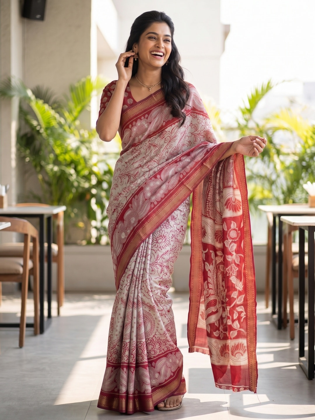 Peachmode Red Maheshwari Silk Viscose Printed Saree With Zari Border And Kalamkari Pallu - Image 4