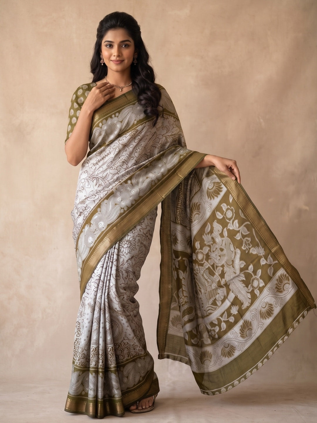 Peachmode Olive Green Maheshwari Silk Viscose Printed Saree With Zari Border And Kalamkari Pallu - Image 1