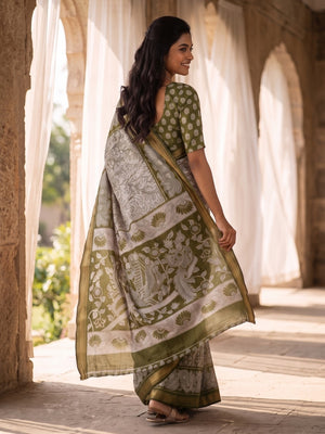Peachmode Olive Green Maheshwari Silk Viscose Printed Saree With Zari Border And Kalamkari Pallu - Image 2