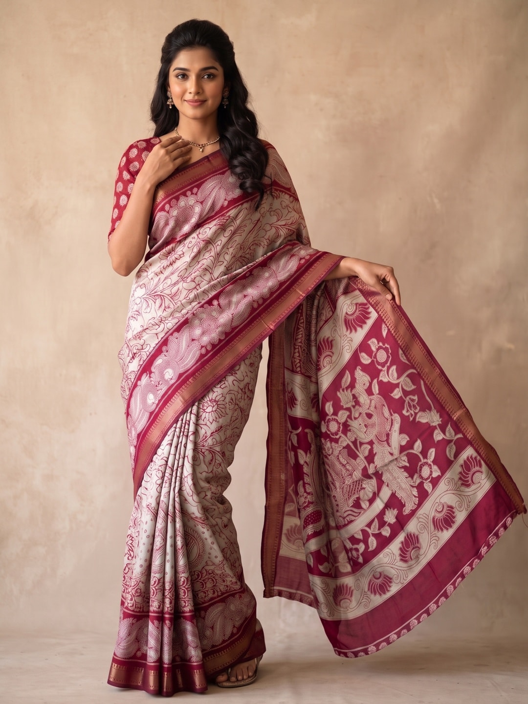 Peachmode Wine Maheshwari Silk Viscose Printed Saree With Zari Border And Kalamkari Pallu - Image 1