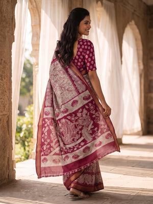 Peachmode Wine Maheshwari Silk Viscose Printed Saree With Zari Border And Kalamkari Pallu - Image 2