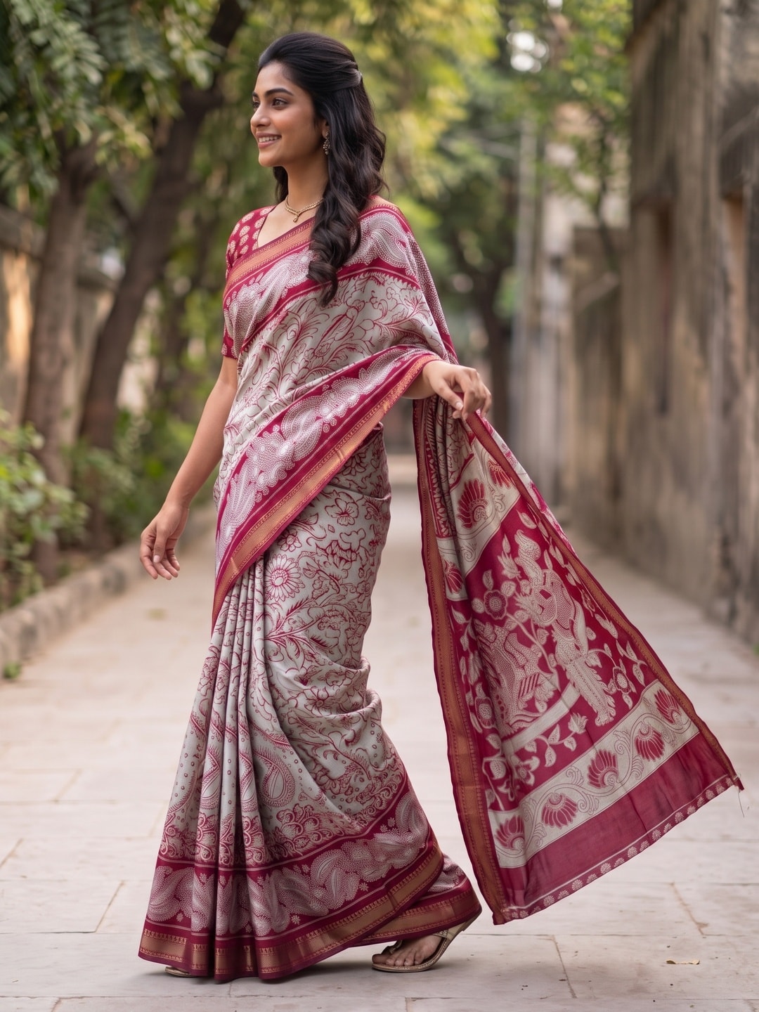 Peachmode Wine Maheshwari Silk Viscose Printed Saree With Zari Border And Kalamkari Pallu - Image 3