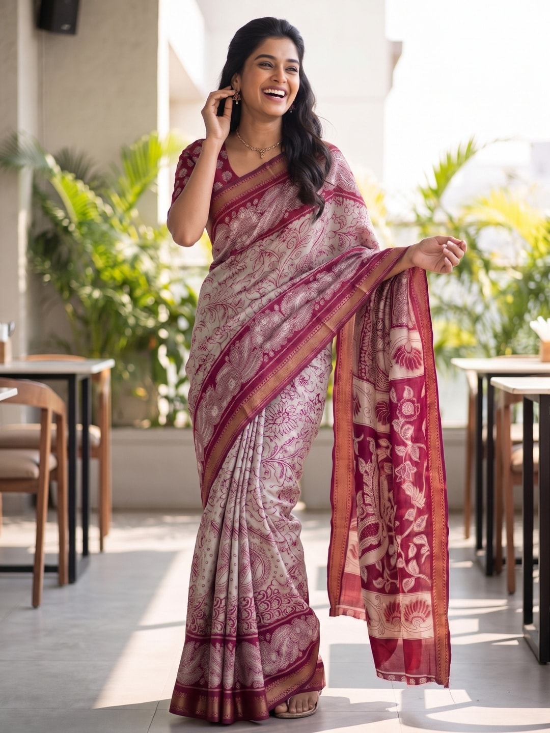 Peachmode Wine Maheshwari Silk Viscose Printed Saree With Zari Border And Kalamkari Pallu - Image 4