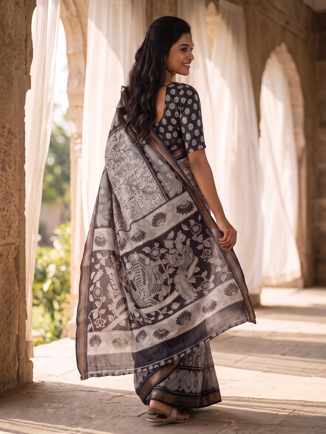 Peachmode Black Maheshwari Silk Viscose Printed Saree With Zari Border And Kalamkari Pallu - Image 2