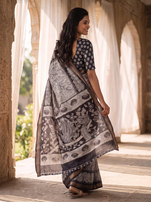 Peachmode Black Maheshwari Silk Viscose Printed Saree With Zari Border And Kalamkari Pallu - Image 2
