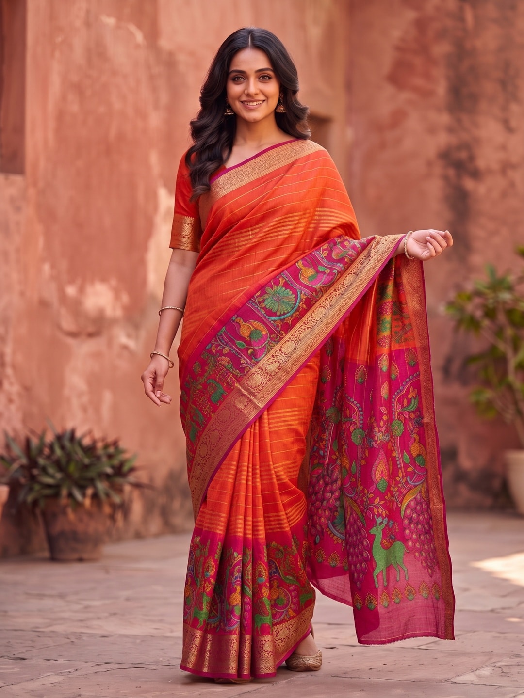 Peachmode Orange Semi Kanchi Pure Cotton Feel Zari Weaving Line Butti Saree With Kalamkari Peacock Pallu - Image 1