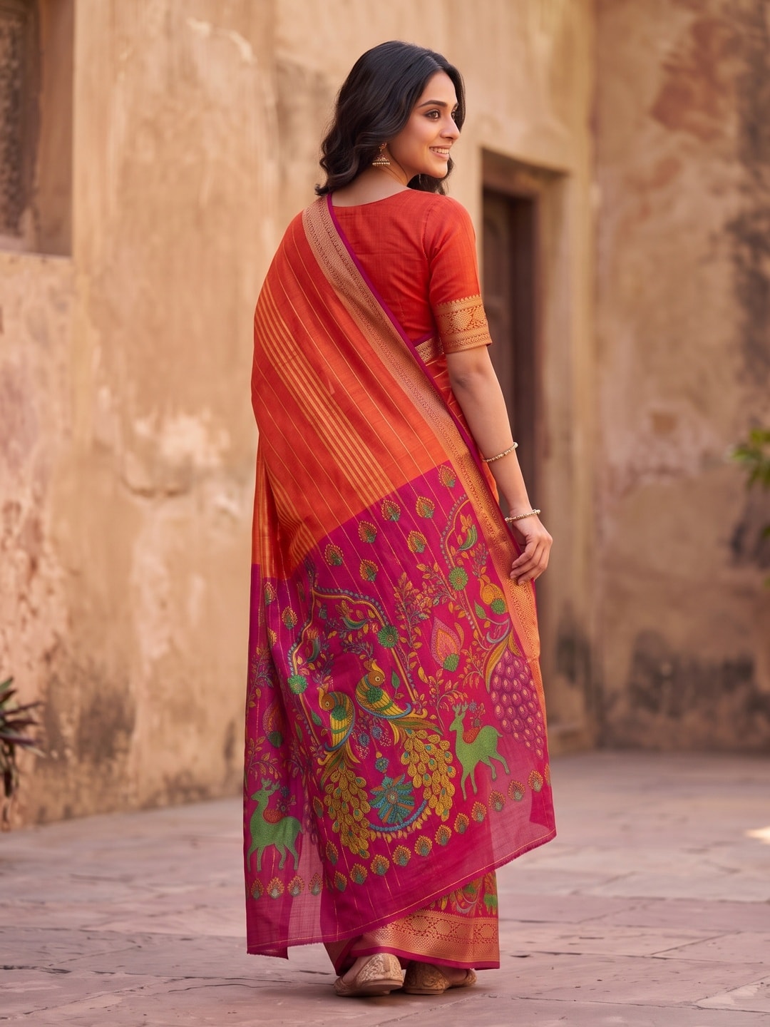 Peachmode Orange Semi Kanchi Pure Cotton Feel Zari Weaving Line Butti Saree With Kalamkari Peacock Pallu - Image 2