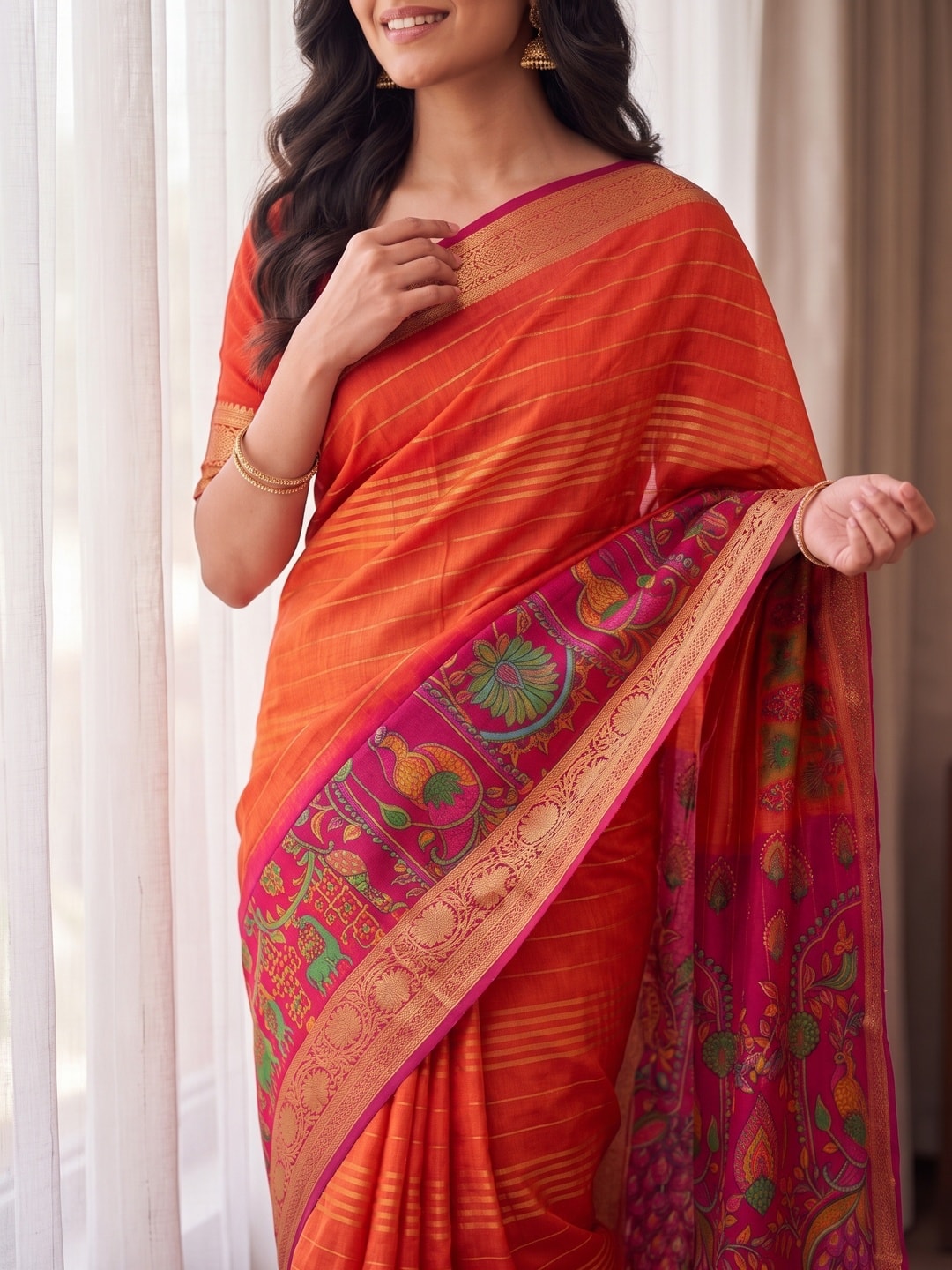 Peachmode Orange Semi Kanchi Pure Cotton Feel Zari Weaving Line Butti Saree With Kalamkari Peacock Pallu - Image 5