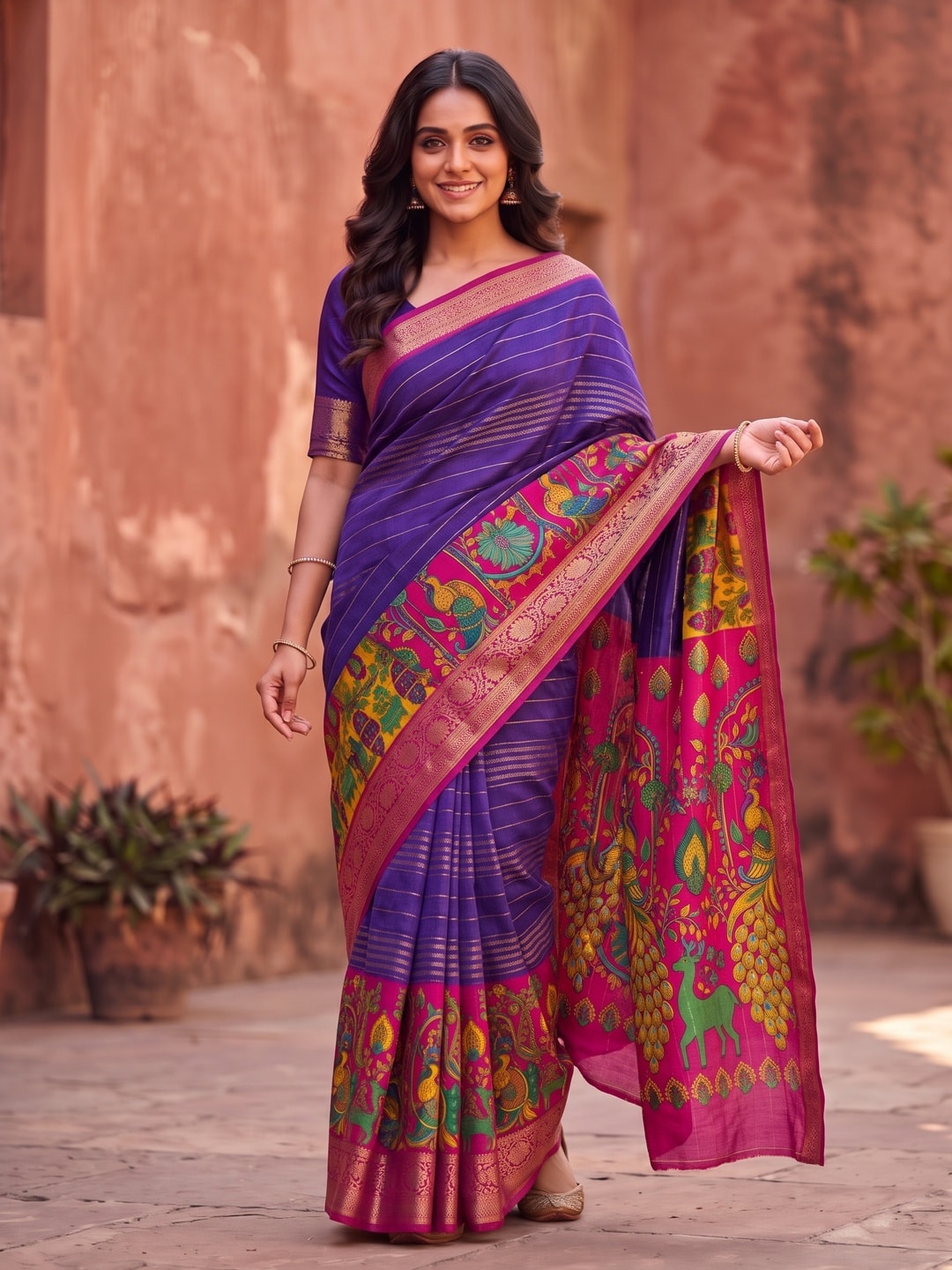 Peachmode Purple Semi Kanchi Pure Cotton Feel Zari Weaving Line Butti Saree With Kalamkari Peacock Pallu - Image 1