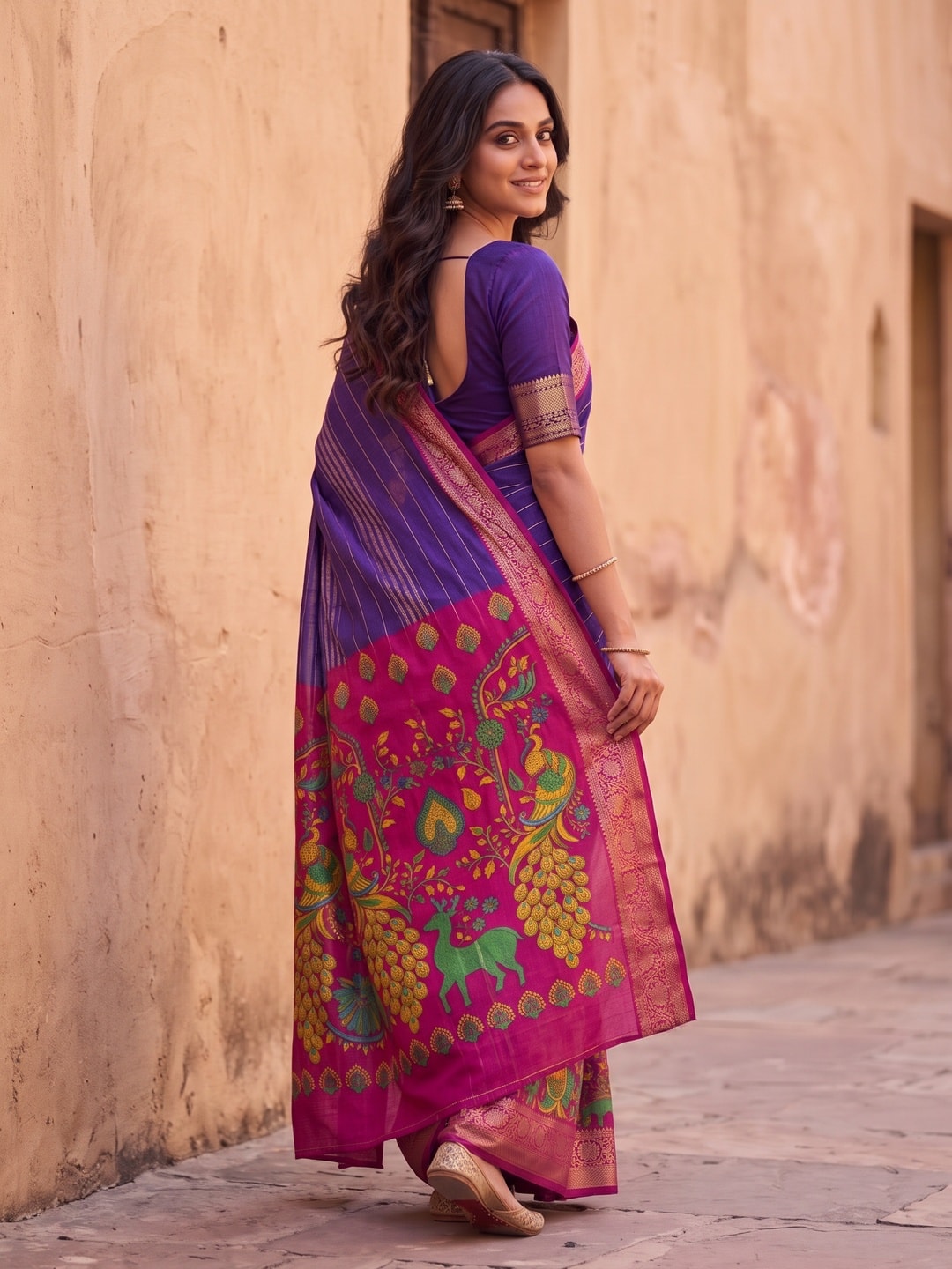 Peachmode Purple Semi Kanchi Pure Cotton Feel Zari Weaving Line Butti Saree With Kalamkari Peacock Pallu - Image 2