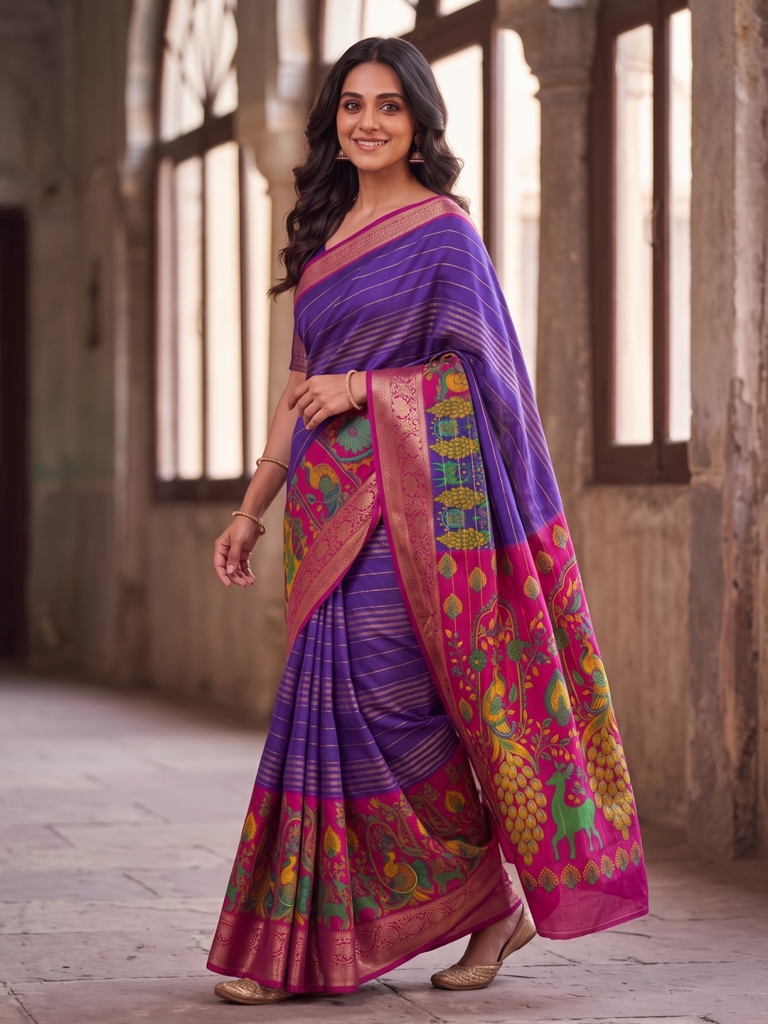Peachmode Purple Semi Kanchi Pure Cotton Feel Zari Weaving Line Butti Saree With Kalamkari Peacock Pallu - Image 3