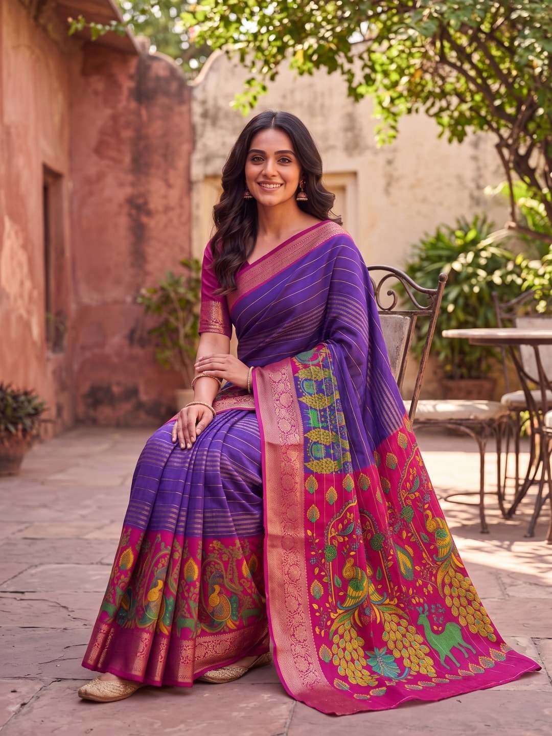 Peachmode Purple Semi Kanchi Pure Cotton Feel Zari Weaving Line Butti Saree With Kalamkari Peacock Pallu - Image 4