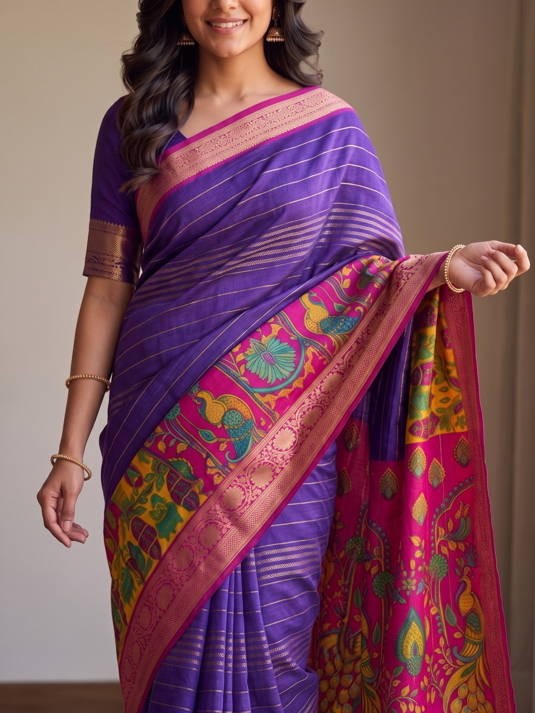 Peachmode Purple Semi Kanchi Pure Cotton Feel Zari Weaving Line Butti Saree With Kalamkari Peacock Pallu - Image 5