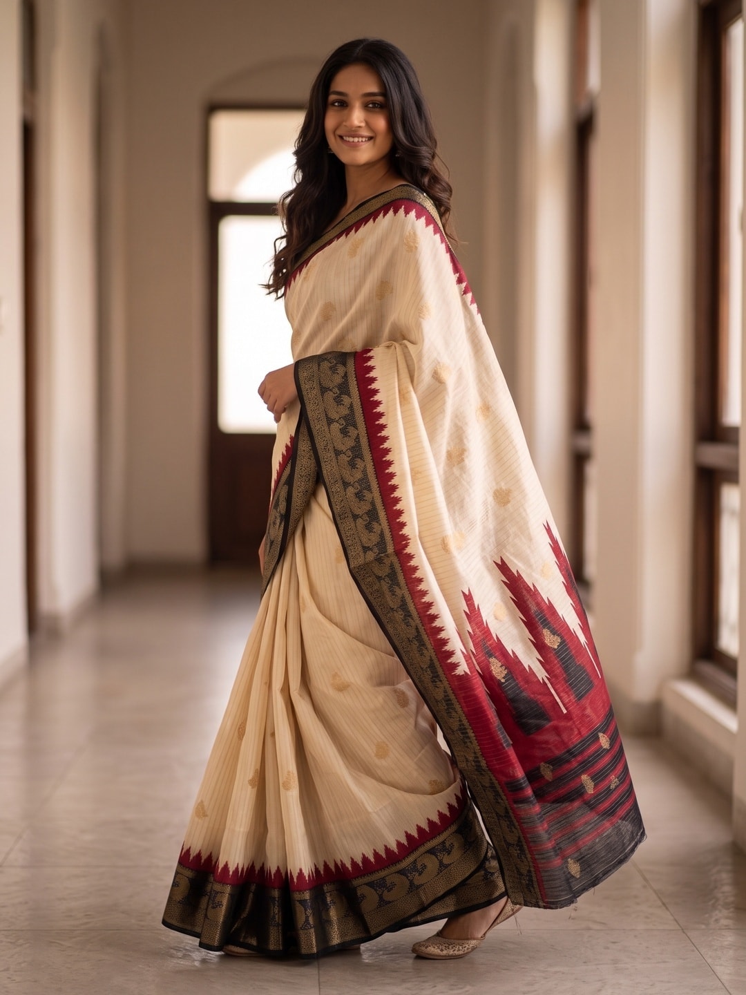 Peachmode Cream & Black Semi Kanchi Pure Cotton Feel Zari Weaving Line Butti Saree With Temple Design - Image 3