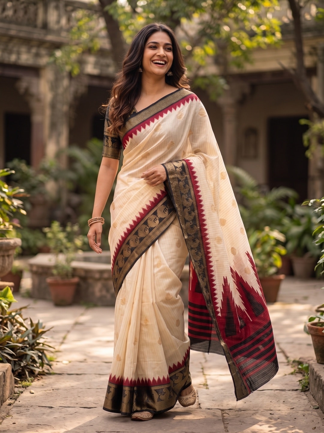 Peachmode Cream & Black Semi Kanchi Pure Cotton Feel Zari Weaving Line Butti Saree With Temple Design - Image 4