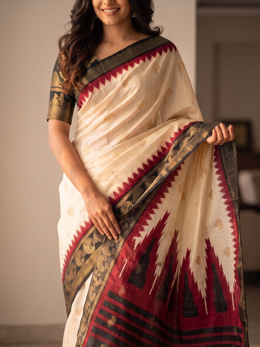 Peachmode Cream & Black Semi Kanchi Pure Cotton Feel Zari Weaving Line Butti Saree With Temple Design - Image 5