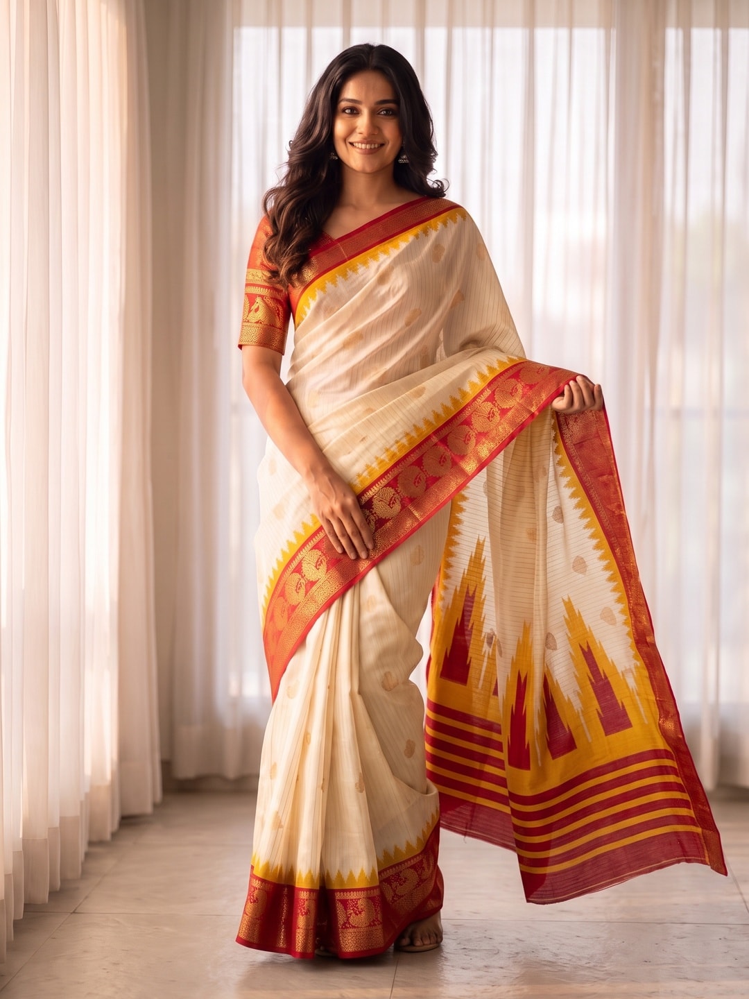 Peachmode Cream & Mustard Semi Kanchi Pure Cotton Feel Zari Weaving Line Butti Saree With Temple Design - Image 1