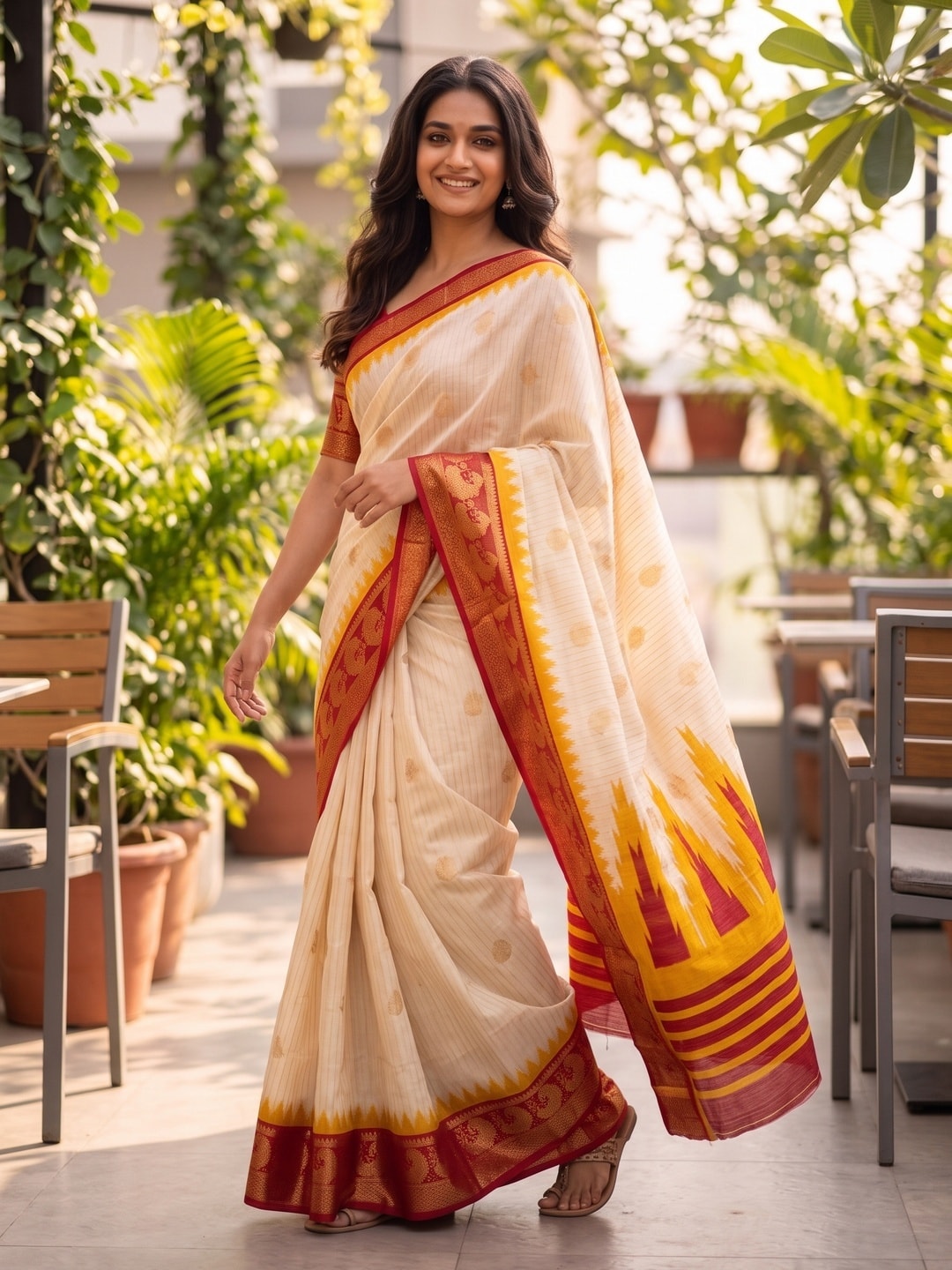 Peachmode Cream & Mustard Semi Kanchi Pure Cotton Feel Zari Weaving Line Butti Saree With Temple Design - Image 4