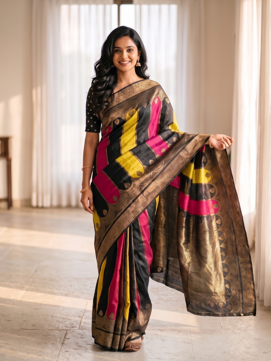 Peachmode Black Marshmallow Self Jacquard Weaving Saree With Fancy Foil Print Colour Block Pallu And Heavy Zari Border - Image 1