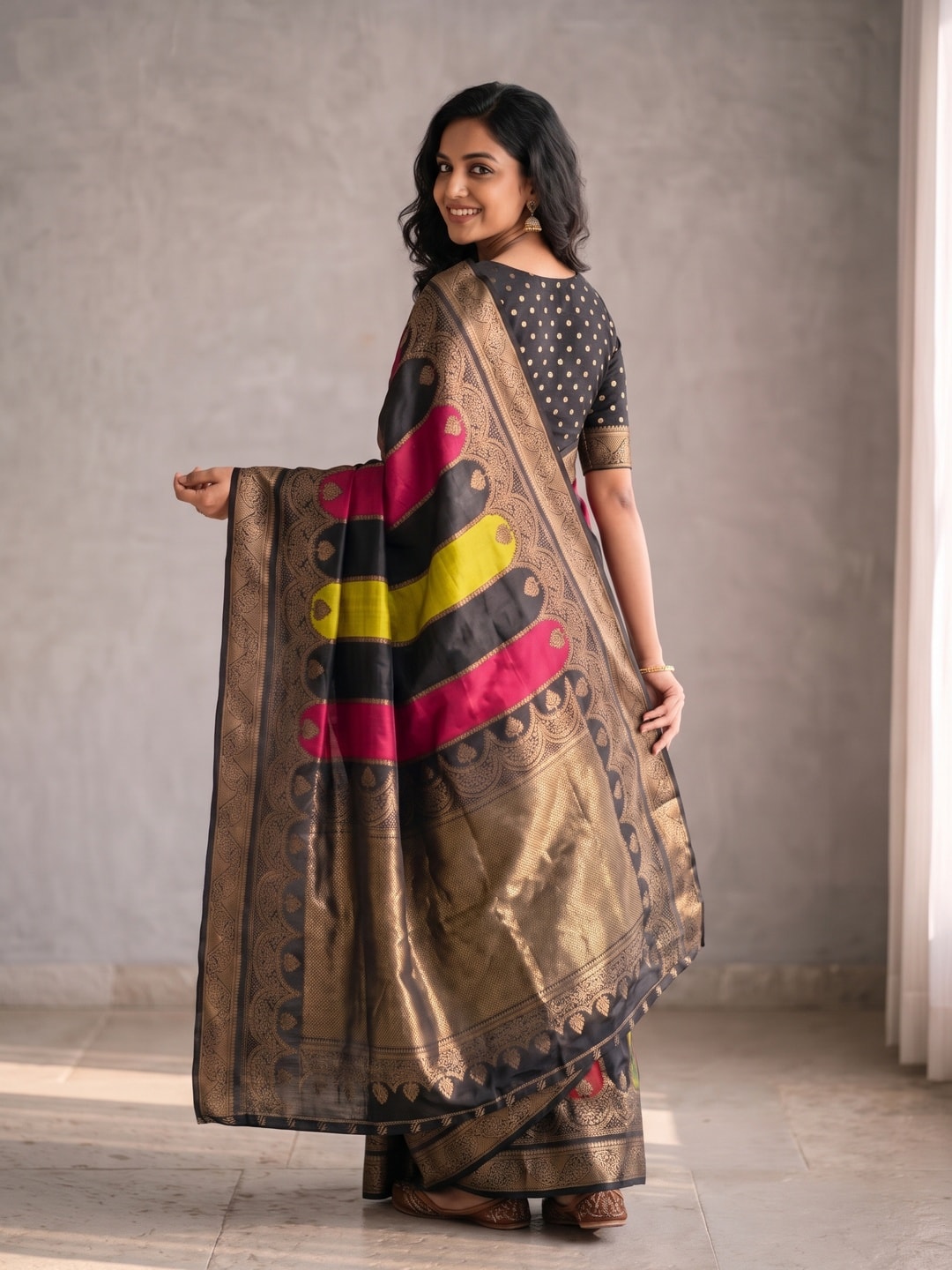 Peachmode Black Marshmallow Self Jacquard Weaving Saree With Fancy Foil Print Colour Block Pallu And Heavy Zari Border - Image 2