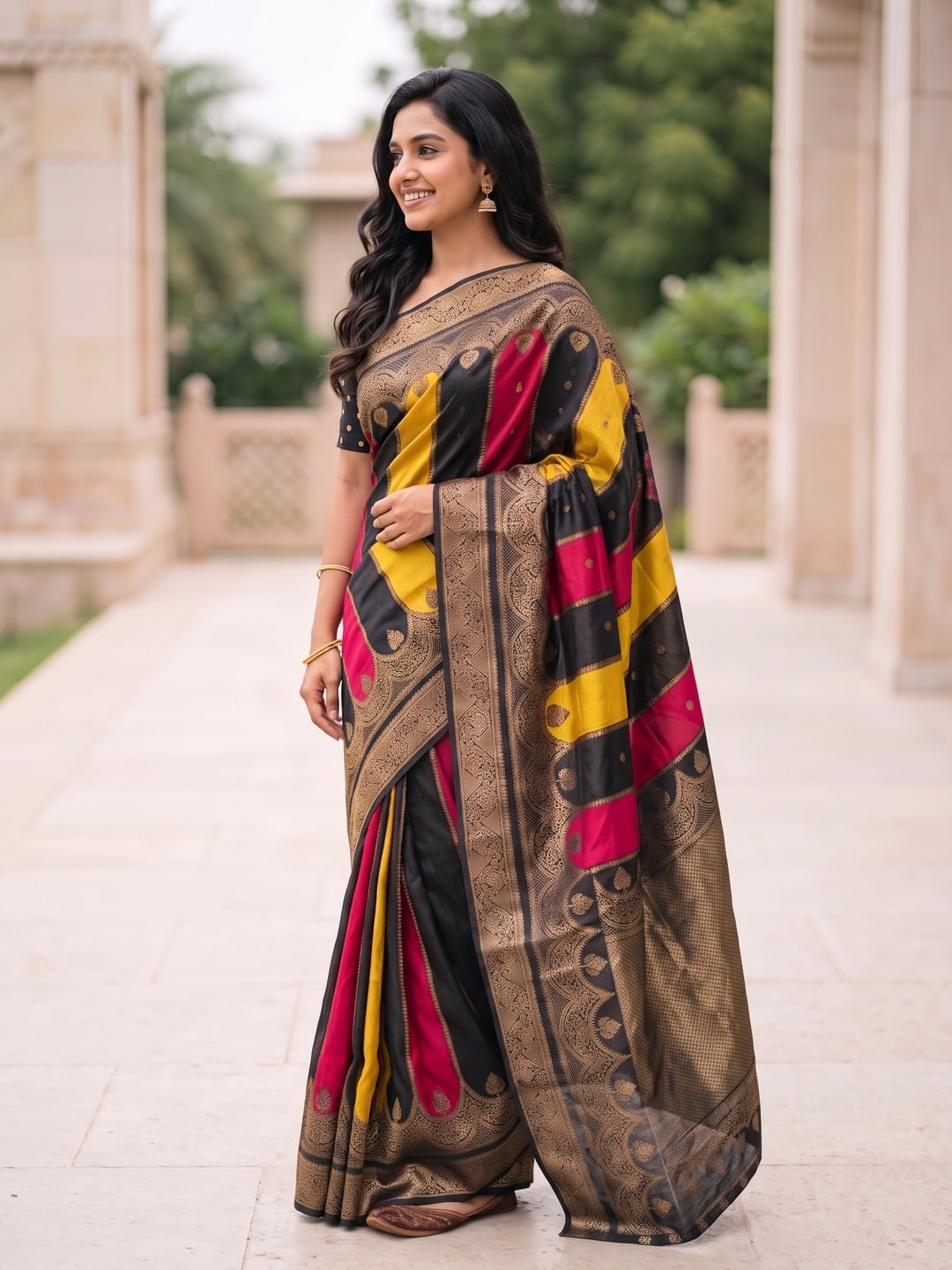 Peachmode Black Marshmallow Self Jacquard Weaving Saree With Fancy Foil Print Colour Block Pallu And Heavy Zari Border - Image 3