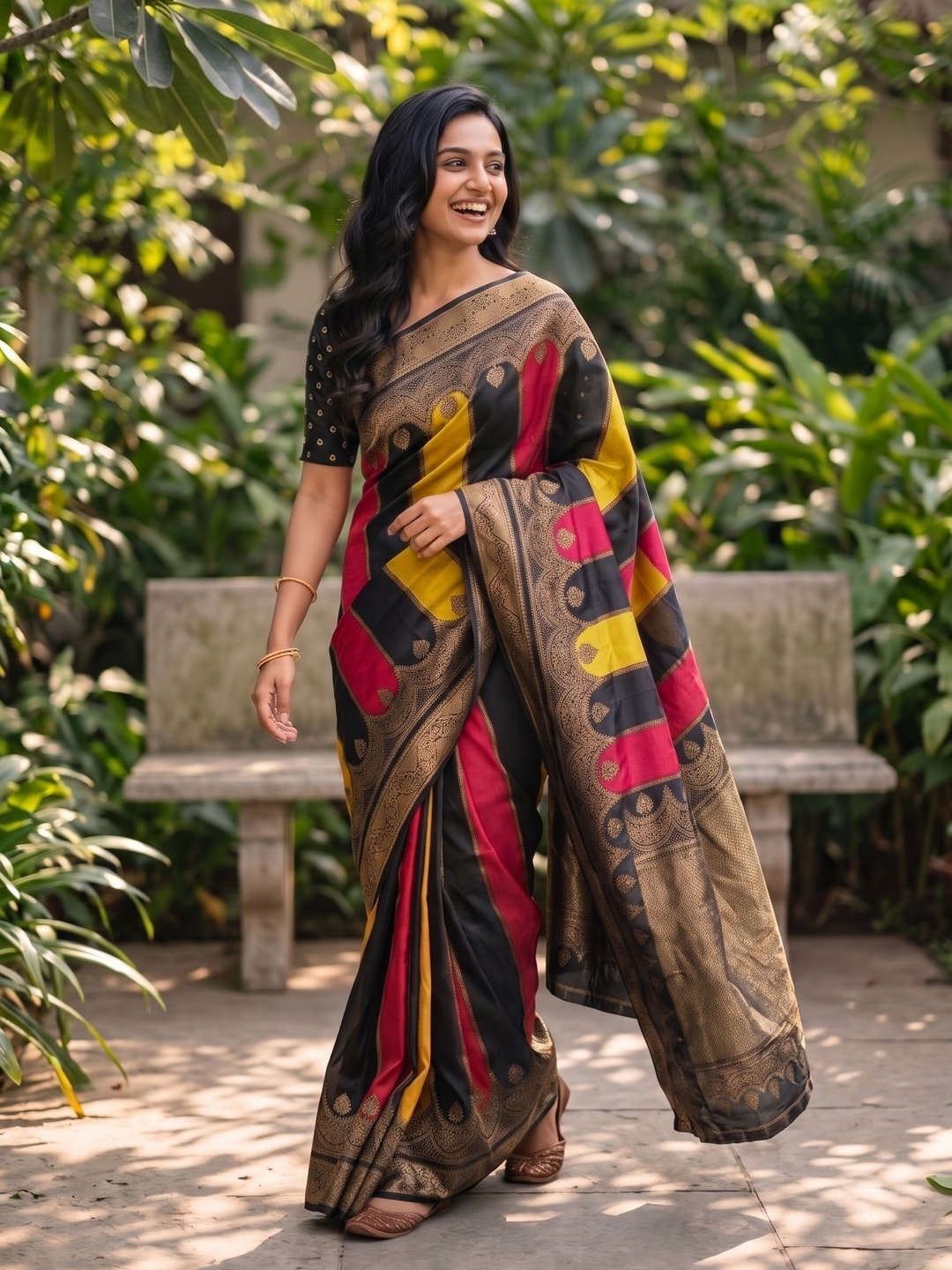 Peachmode Black Marshmallow Self Jacquard Weaving Saree With Fancy Foil Print Colour Block Pallu And Heavy Zari Border - Image 4