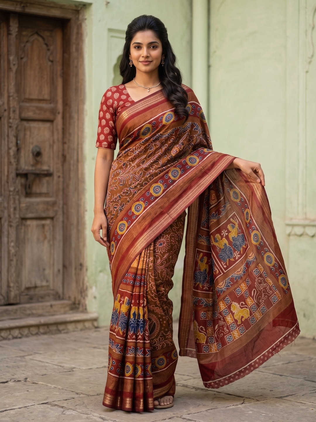 Peachmode Rust Maheshwari Silk Viscose Printed Saree With Zari Border And Kalamkari Pallu - Image 1