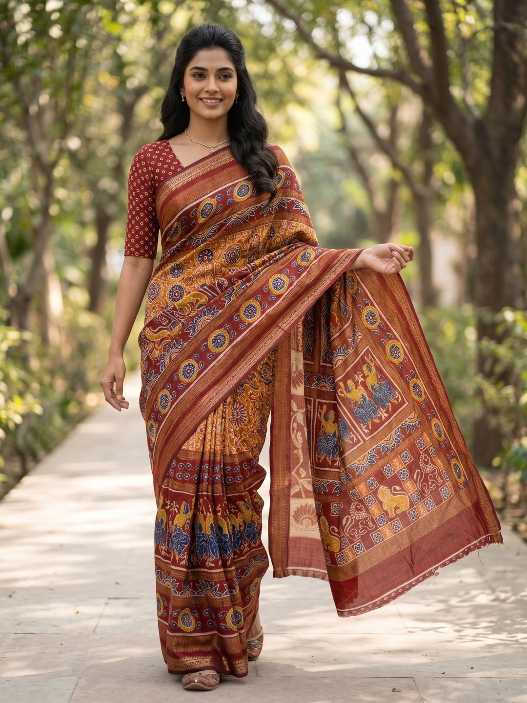 Peachmode Rust Maheshwari Silk Viscose Printed Saree With Zari Border And Kalamkari Pallu - Image 3