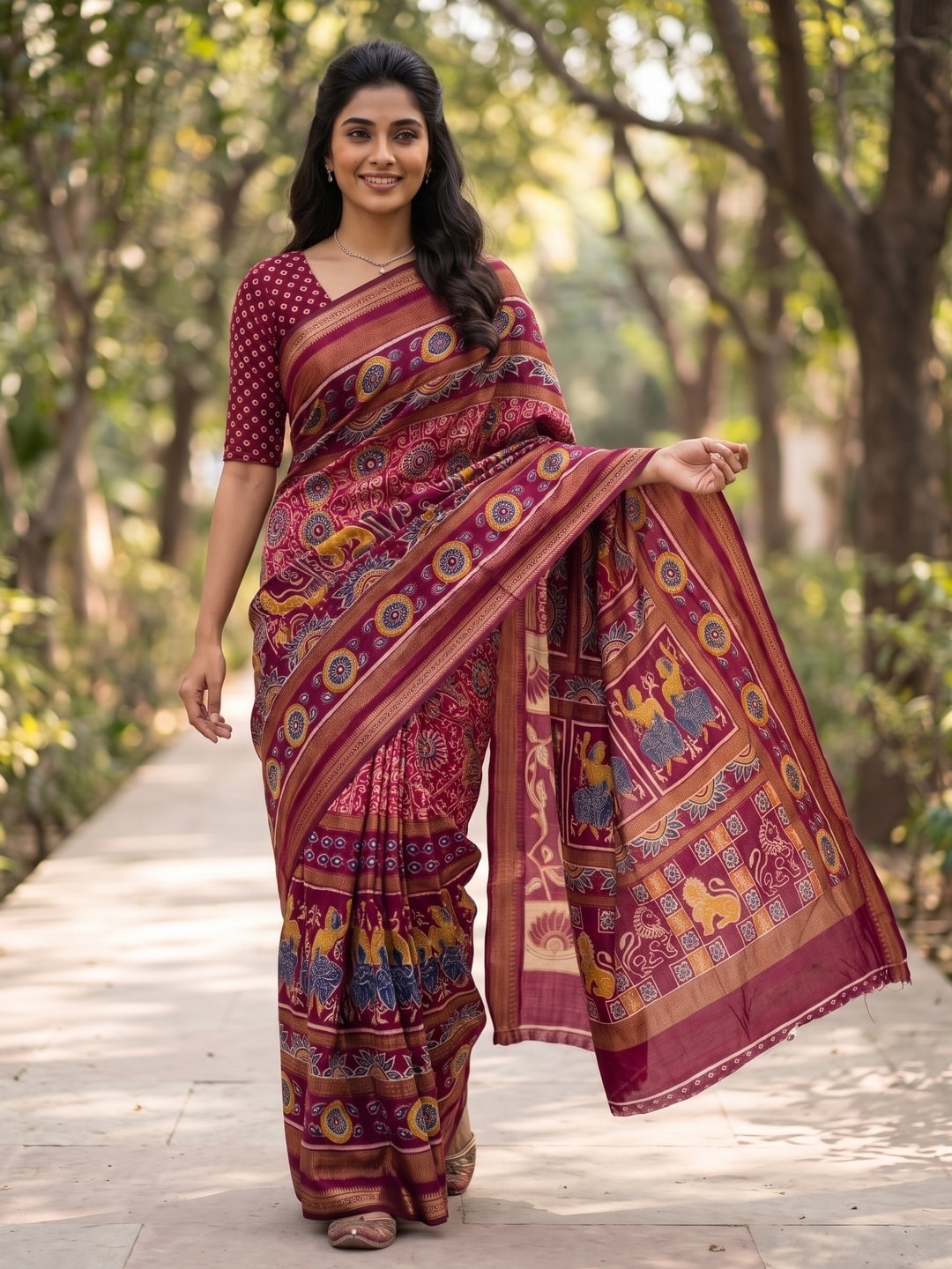 Peachmode Magenta Maheshwari Silk Viscose Printed Saree With Zari Border And Kalamkari Pallu - Image 3
