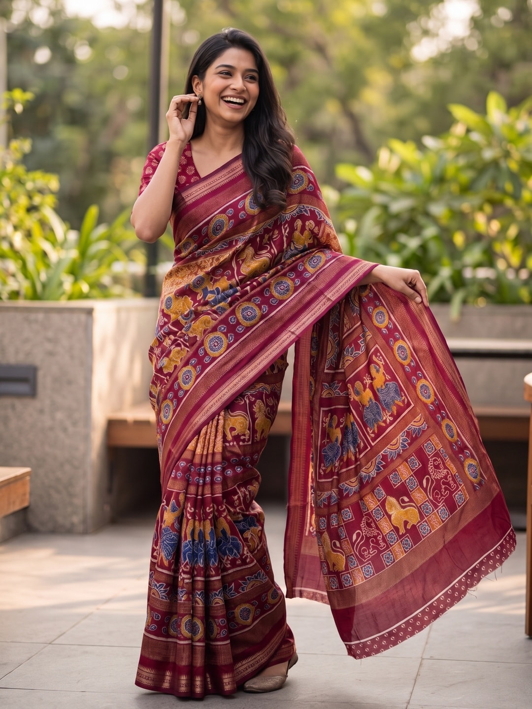 Peachmode Magenta Maheshwari Silk Viscose Printed Saree With Zari Border And Kalamkari Pallu - Image 4