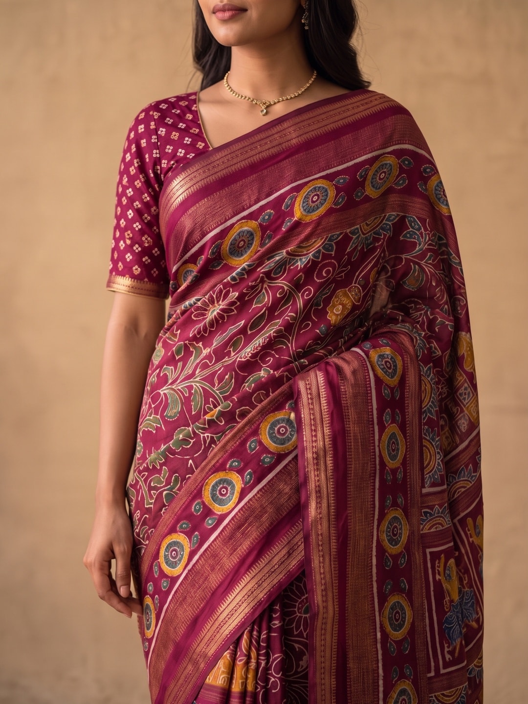 Peachmode Magenta Maheshwari Silk Viscose Printed Saree With Zari Border And Kalamkari Pallu - Image 5