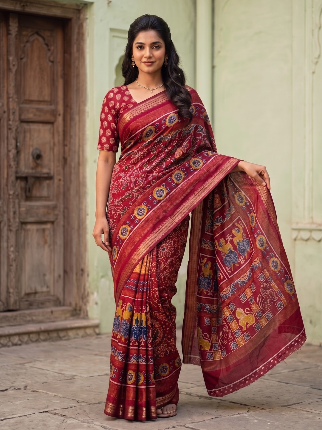 Peachmode Red Maheshwari Silk Viscose Printed Saree With Zari Border And Kalamkari Pallu - Image 1
